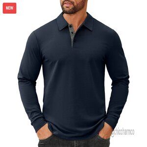 Men's Long Sleeve Cotton Polo Shirt Regular Fit Business Casual Golf
